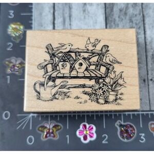 PSX Designs Birds Bench Garden Birdhouse F2381 1997 Rubber Stamp #Q120
